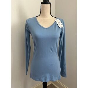 Light Blue Womens Long Sleeve Tee XS Minimalist Basic V-Neck T-Shirt Casual Top